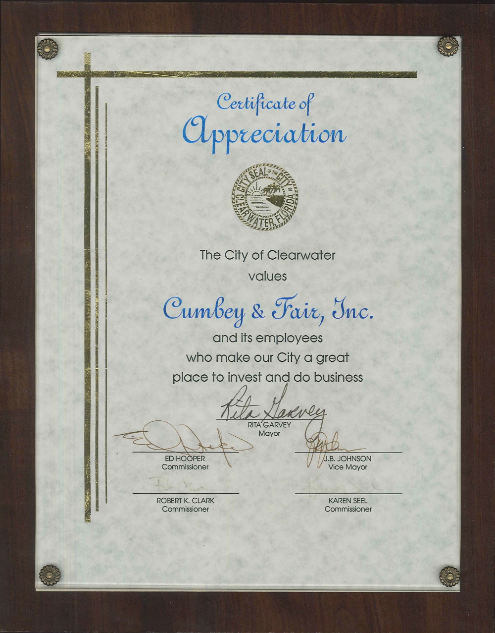 Cumbey & Fair Recognized by City of Clearwater